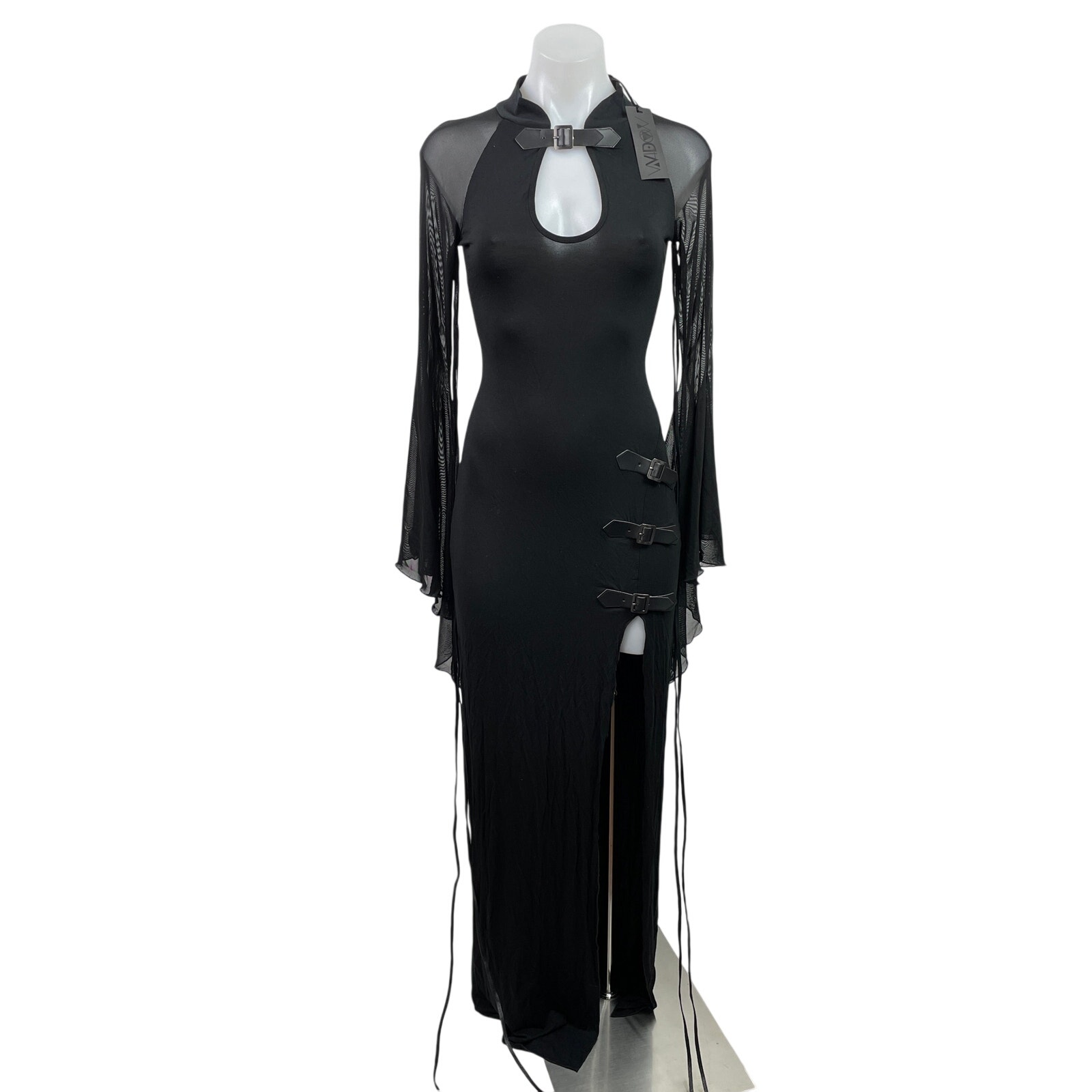 Dolls Kill Widow Black Sheer Bell Long Sleeve Keyhole Maxi Bodycon Dress Size Xs